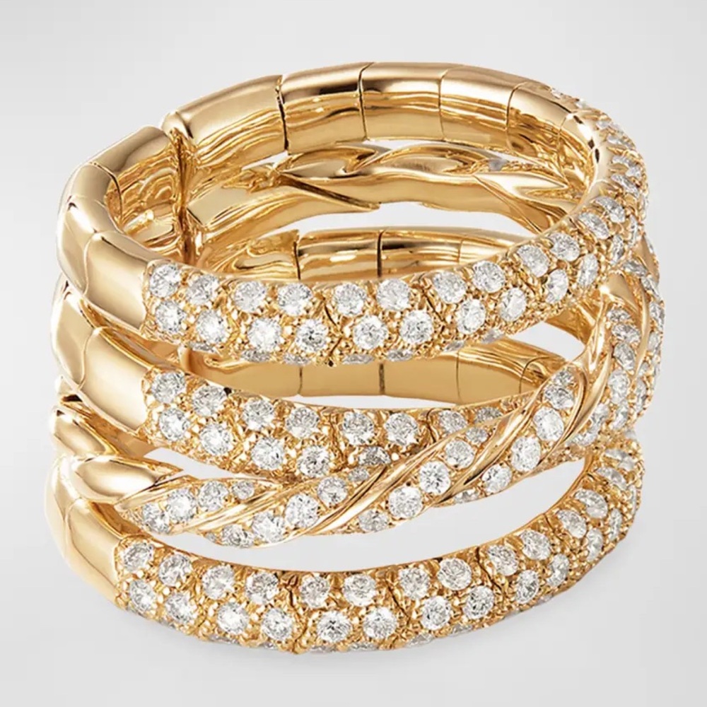 DY Sculpted Cable Four Row Ring 18k Gold Pavéflex Band